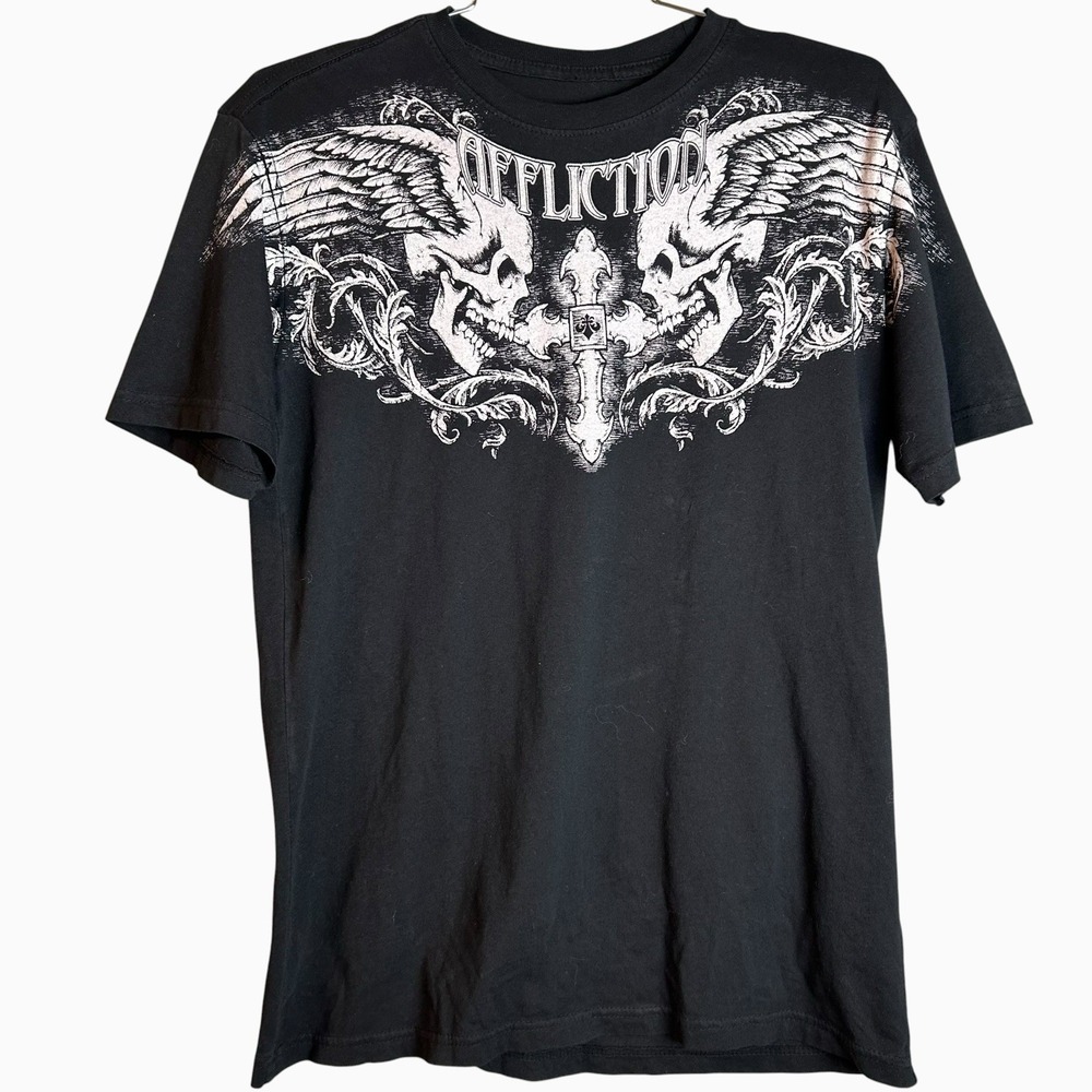 Affliction Skull Wings Graphic Tee Womens Size L Black Streetwear Cotton Gothic
